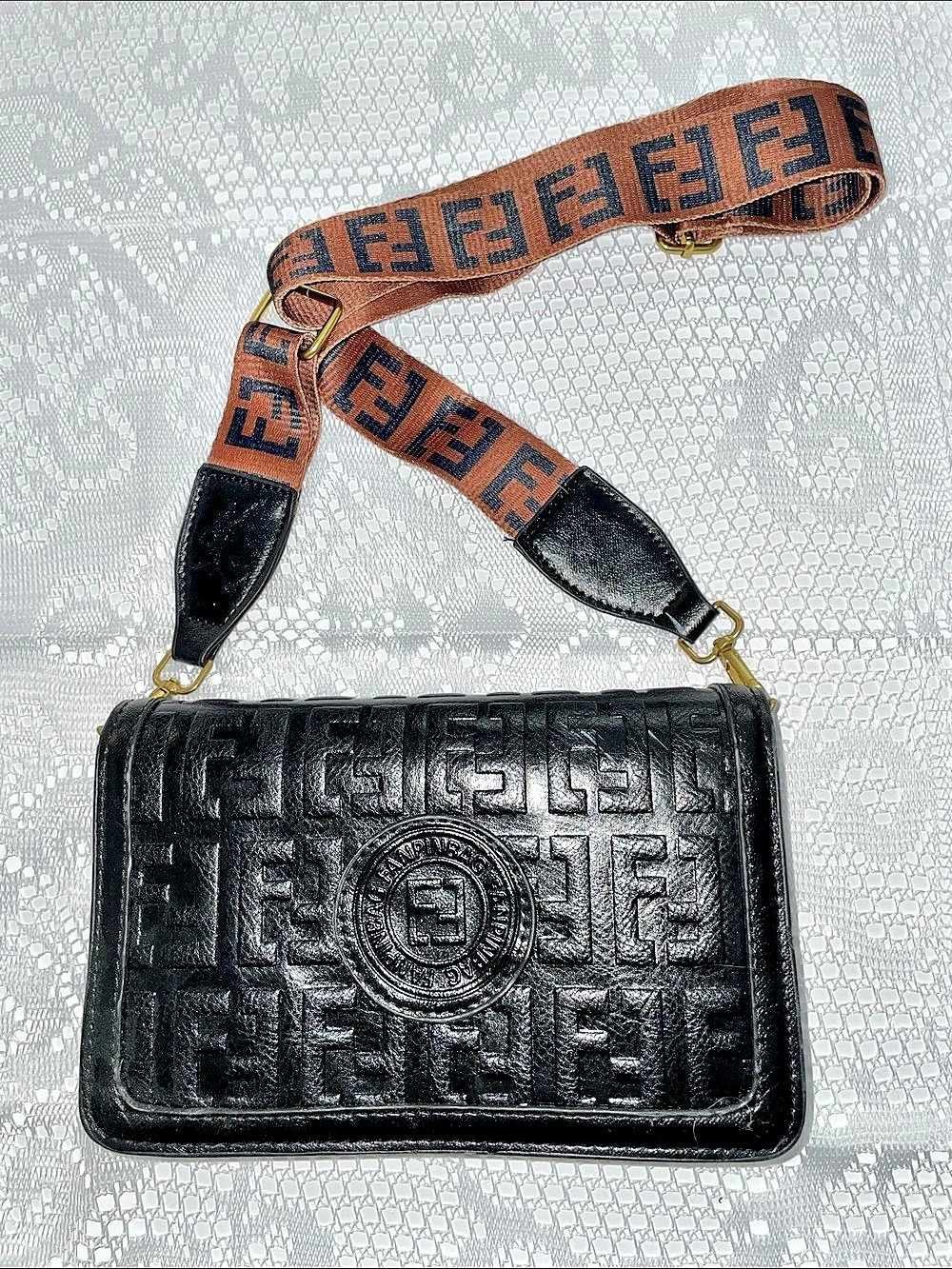 Embossed Crossbody Bag in Black & Brown